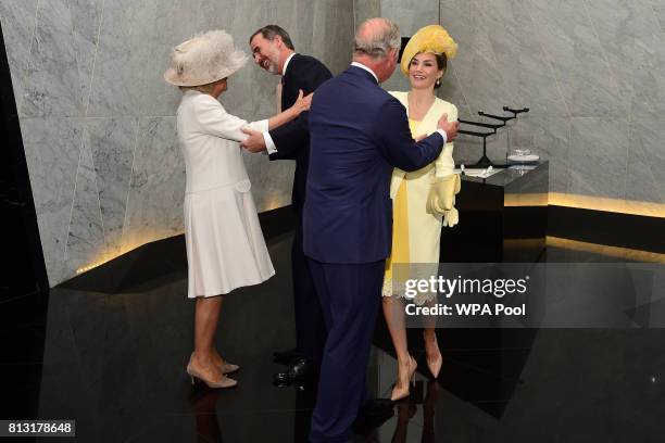 King Felipe VI of Spain and his wife Queen Letizia of Spain are greeted by Prince Charles, Prince of Wales and Camilla, Duchess of Cornwall at their...