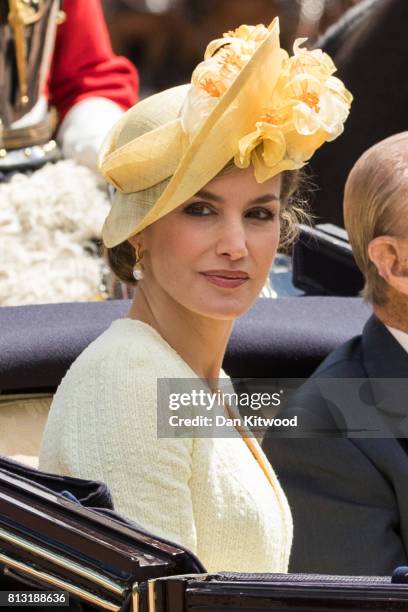 Queen Letizia of Spain rides in a carriage with Prince Philip, Duke of Edinburgh during a State visit by the King and Queen of Spain at Centre Gate,...