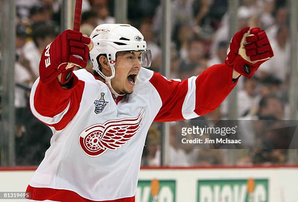 Jiri Hudler of the Detroit Red Wings celebrates after scoring a third period goal past goaltender Marc-Andre Fleury of the Pittsburgh Penguins during...