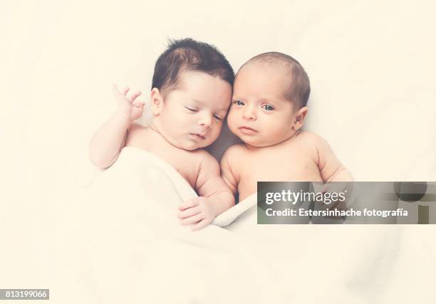 dos bebés hermanos durmiendo juntos - durmiendo stock pictures, royalty-free photos & images