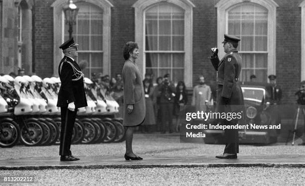 President Mary Robinson inspects a Guard of Honour drawn from the 2nd Infantry Battalion, Cathal Brugha Barracks accompanied by Captain Tom Boyce and...