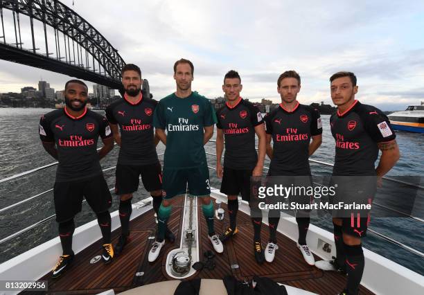 Arsenal's Alexandre Lacazette, Olivier Giroud, Petr Cech, Laurent Koscielny, Nacho Monreal and Mesut Ozil at the launch of the new 3rd kit on July...