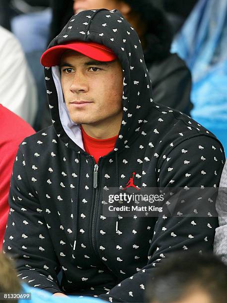 Bulldogs player Sonny Bill Williams watches the action from the stands during the round 12 NRL match between the Cronulla Sharks and the Gold Coast...