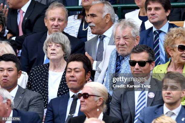 Actors Maggie Smith and Sir Ian McKellen attend day nine of the Wimbledon Tennis Championships at the All England Lawn Tennis and Croquet Club on...