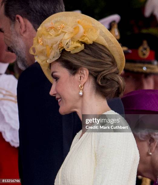 Queen Letizia of Spain at the official welcome ceremony on Horseguards Parade during a State visit by the King and Queen of Spain on July 12, 2017 in...