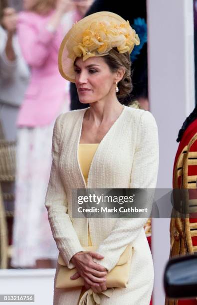 Queen Letizia of Spain at the official welcome ceremony on Horseguards Parade during a State visit by the King and Queen of Spain on July 12, 2017 in...