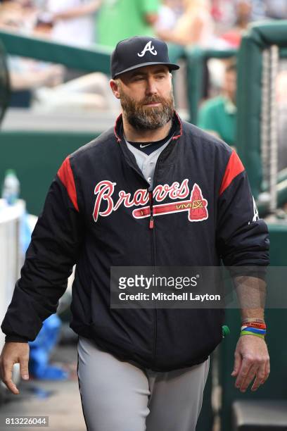 Jason Motte of the Atlanta Braves looks on before a baseball game against the Washington Nationals at Nationals Park on July 7, 2017 in Washington,...