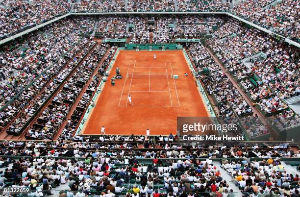 View of Court Philippe Chatrier during the Men's Singles fourth round match between Paul-Henri Mathieu of France and Novak Djokovic of Serbia on day...