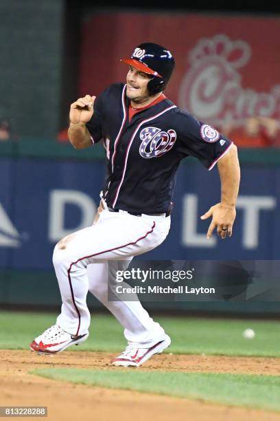 Chris Heisey of the Washington Nationals runs to third base during a baseball game against the Atlanta Braves at Nationals Park on July 7, 2017 in...