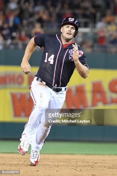 Chris Heisey of the Washington Nationals runs to third base during a baseball game against the Atlanta Braves at Nationals Park on July 7, 2017 in...