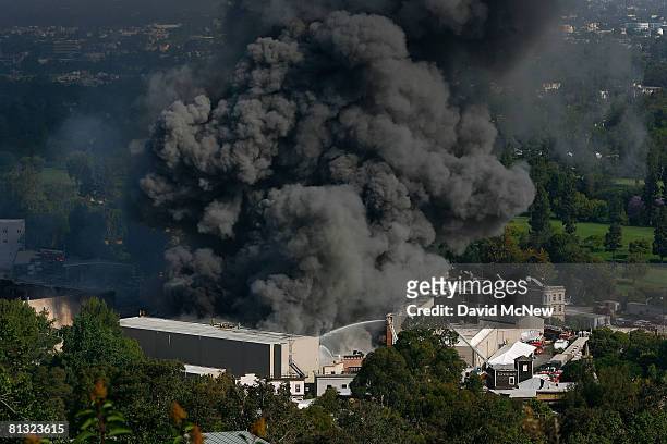 Approximately 300 firefighters battle a huge fire on the backlot of Universal Studios on June 1, 2008 in Universal City, California. The fire is...