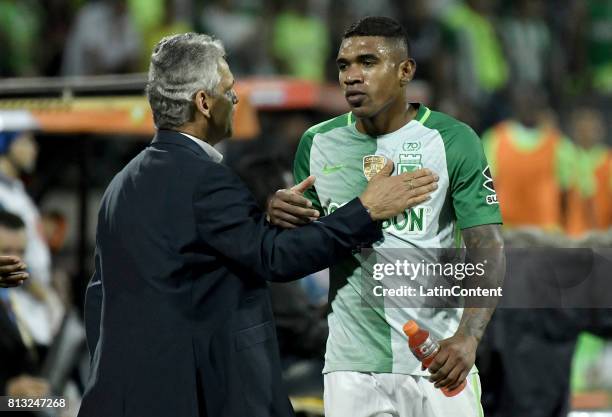 Reinaldo Rueda coach of Atletico Nacional congrats to Elkin Blanco during the Final second leg match between Atletico Nacional and Deportivo Cali as...