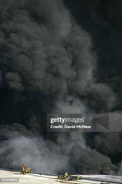 Approximately 300 firefighters battle a huge fire on the backlot of Universal Studios on June 1, 2008 in Universal City, California. The fire is...