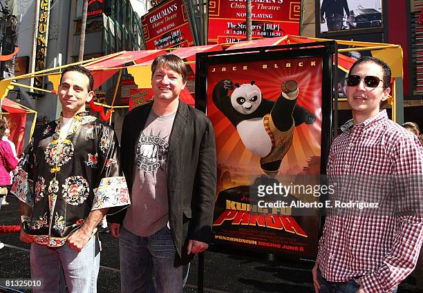 Writer Ethan Reiff, writer Cyrus Voris and writer Jonathan Aibel arrive at Dreamworks Animation's premiere of "Kung Fu Panda" held at Grauman's...