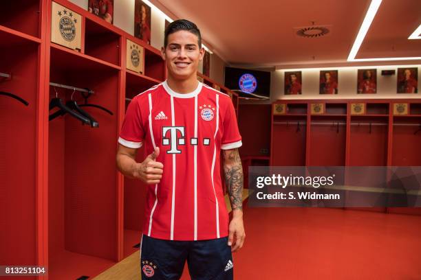 James Rodriguez of FC Bayern Muenchen poses for a picture in the dressing room of the Allianz Arena on July 12, 2017 in Munich, Germany.