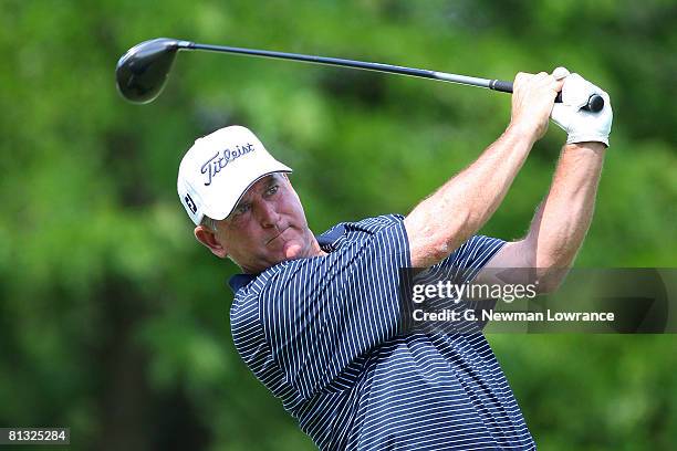 Jay Haas hits a tee shot on the 17th hole during the final round of the Principal Charity Classic on June 1, 2008 at Glen Oaks Country Club in West...