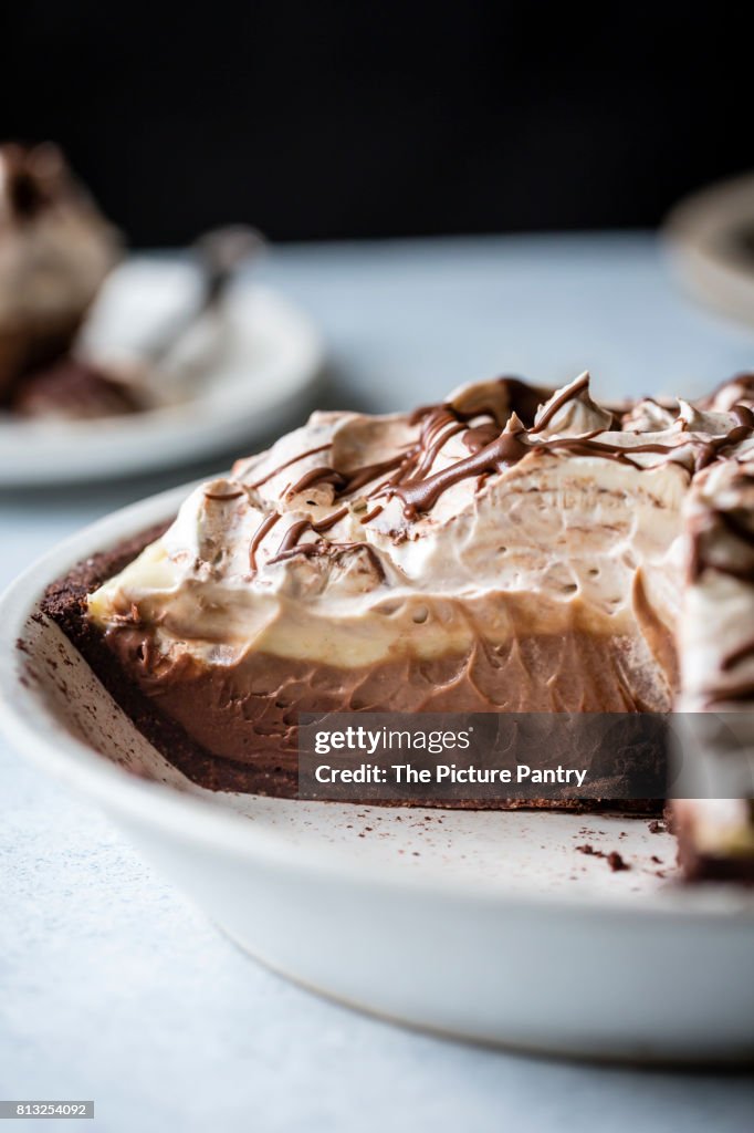 A layered triple chocolate pie, sliced.