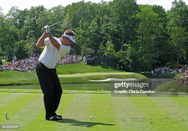 Kenny Perry hits his tee shot on the par 3 12th hole during the final round of the Memorial Tournament Presented by Morgan Stanley at Muirfield...