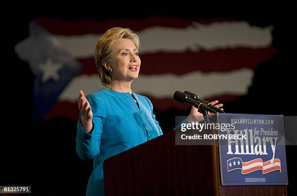 Democratic presidential hopeful New York Senator Hillary Clinton speaks at her rally on the night of the Puerto Rico Democratic presidential primary,...