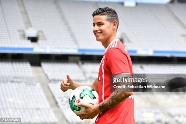 James Rodriguez of FC Bayern Muenchen smiles on the pitch of the Allianz Arena on July 12, 2017 in Munich, Germany.