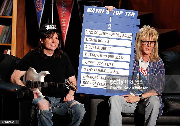 Actors Mike Myers and Dana Carvey as Wayne and Garth from "Wayne's World" onstage during the 17th annual MTV Movie Awards held at the Gibson...
