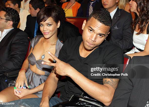 Rihanna and Chris Brown in the audience during the 2008 MTV Movie Awards at the Gibson Amphitheatre on June 1, 2008 in Universal City, California.