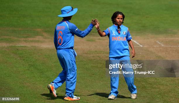 Poonam Yadav of India celebrates the wicket of Nicole Bolton of Australia during the ICC Women's World Cup 2017 match between Australia and India at...