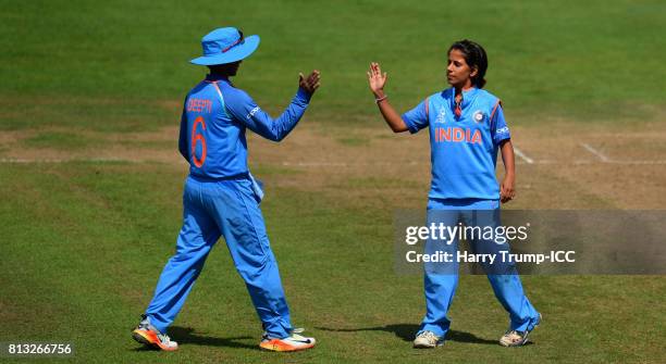 Poonam Yadav of India celebrates the wicket of Nicole Bolton of Australia during the ICC Women's World Cup 2017 match between Australia and India at...