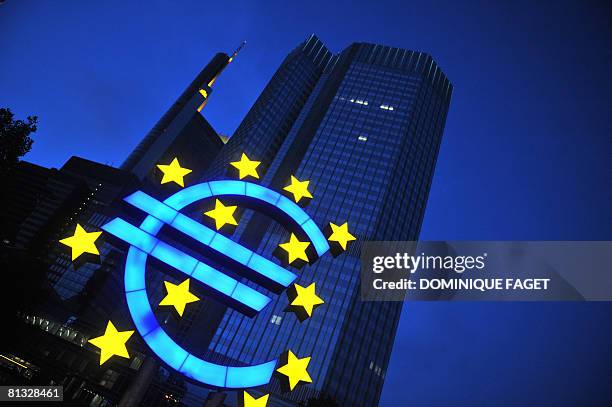 Huge symbol of the is placed in front of the European Central Bank late on June 1, 2008 in Frankfurt to mark the 10th anniversary of the bank. The...