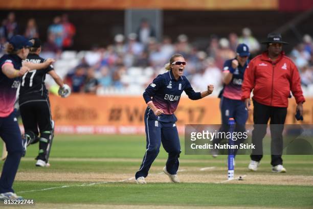 Alex Hartley of England celebrates after getting Sophie Devine of New Zealand out during the ICC Women's World Cup 2017 between England and New...