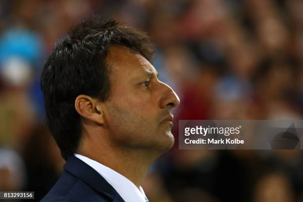 Blues coach Laurie Daley looks on during game three of the State Of Origin series between the Queensland Maroons and the New South Wales Blues at...