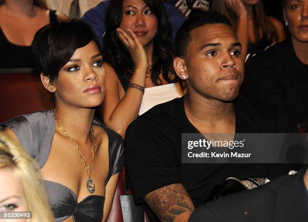 Rihanna and Chris Brown in the audience at the 2008 MTV Movie Awards on June 1, 2008 at the Gibson Amphitheatre in Universal City, California.