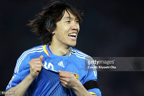 Shunsuke Nakamura of Japan celebrates his goal against Oman during 2010 World Cup Asian Third Qualifier match between Japan and Oman at Nissan...