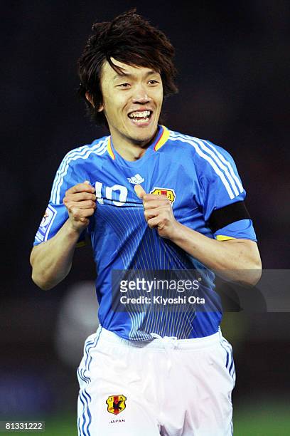 Shunsuke Nakamura of Japan celebrates his goal against Oman during 2010 World Cup Asian Third Qualifier match between Japan and Oman at Nissan...