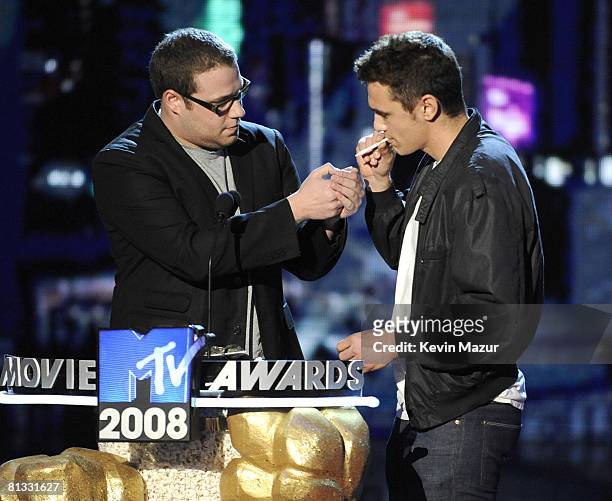 Seth Rogen and James Franco on stage at the 2008 MTV Movie Awards on June 1, 2008 at the Gibson Amphitheatre in Universal City, California.