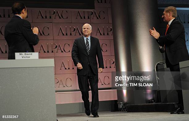 Republican Presidential Candidate Arizona Senator John McCain arrives to address the American Israel Public Affairs Committee on June 2, 2008 in...