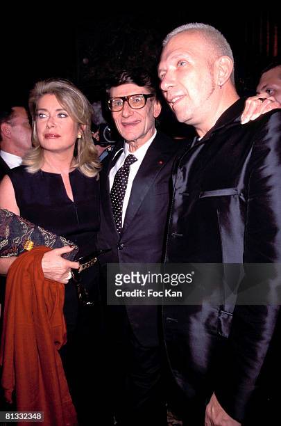 Catherine Deneuve, Yves Saint Laurent and Jean-Paul Gaultier attend the Miro Exhibition at the Pompidou Center Museum on January 15, 2000 in Paris...