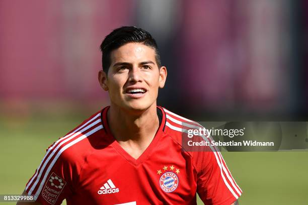 James Rodriguez of FC Bayern Muenchen smiles during a training session at Saebener Strasse training ground on July 12, 2017 in Munich, Germany.