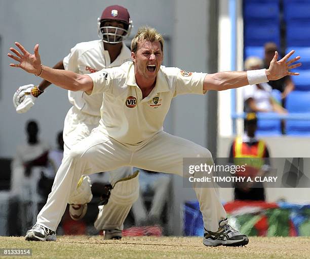 Australia bowler Brett Lee screams after dismissing by LBW West Indies batsman Denesh Ramdin during the 2008 Digicel Home Series at the Sir Vivian...