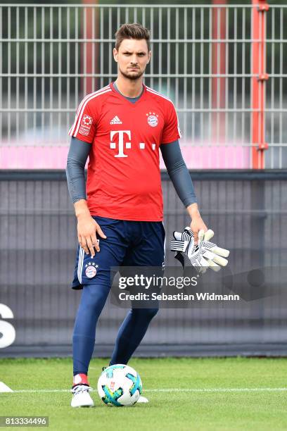 Goalkeeper Sven Ulreich plays with a ball during a training session at Saebener Strasse training ground on July 12, 2017 in Munich, Germany.