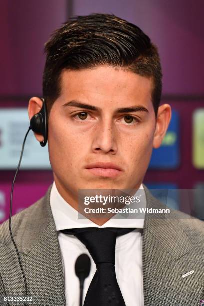 James Rodriguez of FC Bayern Muenchen attends a press conference at Allianz Arena on July 12, 2017 in Munich, Germany.