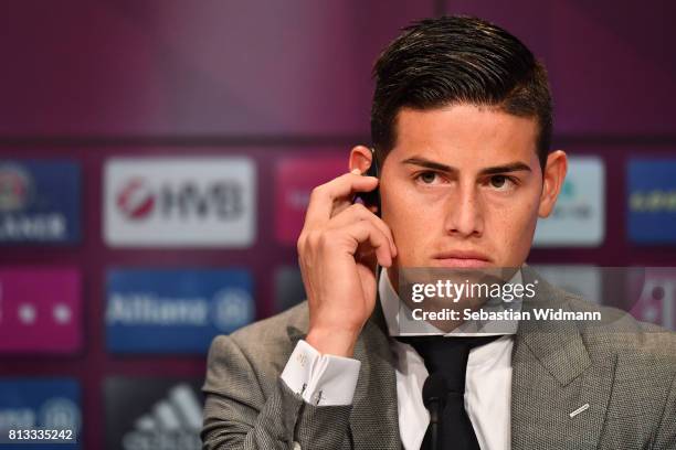 James Rodriguez of FC Bayern Muenchen attends a press conference at Allianz Arena on July 12, 2017 in Munich, Germany.