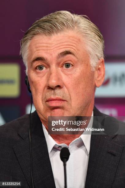 Head coach Carlo Ancelotti of FC Bayern Muenchen attends a press conference at Allianz Arena on July 12, 2017 in Munich, Germany.