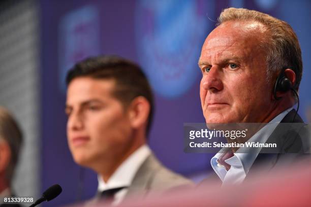 Karl-Heinz Rummenigge, CEO of FC Bayern Muenchen attends a press conference at Allianz Arena on July 12, 2017 in Munich, Germany.
