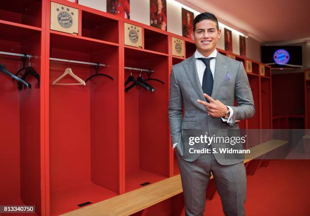 James Rodriguez of FC Bayern Muenchen poses for a picture in the dressing room of the Allianz Arena on July 12, 2017 in Munich, Germany.