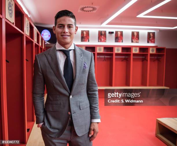 James Rodriguez of FC Bayern Muenchen poses for a picture in the dressing room of the Allianz Arena on July 12, 2017 in Munich, Germany.