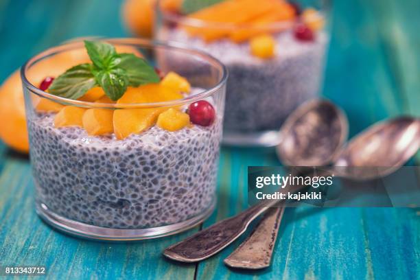 chia seed pudding with fresh apicots - chia seed stock pictures, royalty-free photos & images
