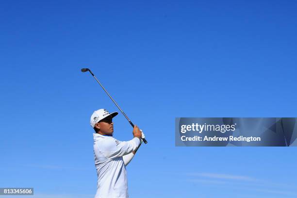 Rickie Fowler of the United States plays a shot from the fairway during a Pro-Am prior to the AAM Scottish Open at Dundonald Links Golf Course on...