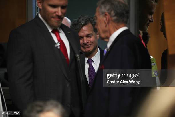 Director nominee Christopher Wray arrives at his confirmation hearing before the Senate Judiciary Committee July 12, 2017 on Capitol Hill in...