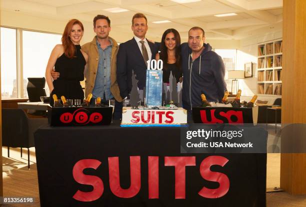 100th Episode Celebration -- Pictured: Sarah Rafferty, Patrick J. Adams, Gabriel Macht, Meghan Markle, Rick Hoffman --